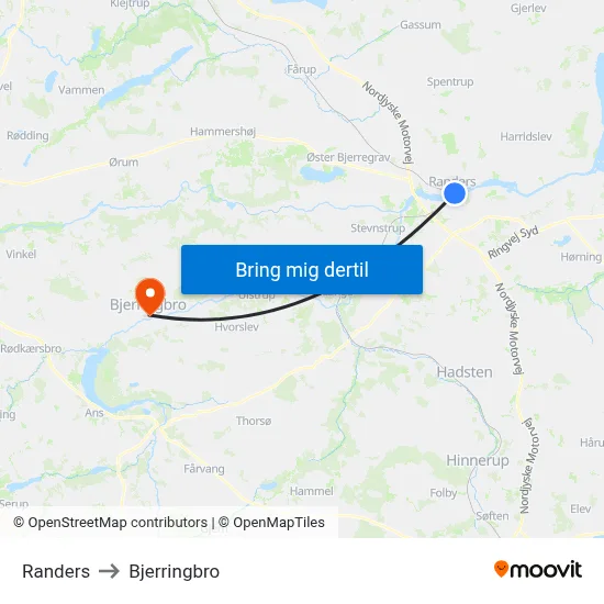 Randers to Bjerringbro map