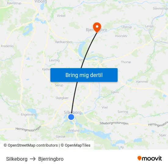 Silkeborg to Bjerringbro map