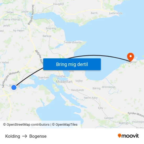 Kolding to Bogense map