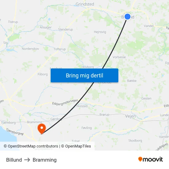Billund to Bramming map
