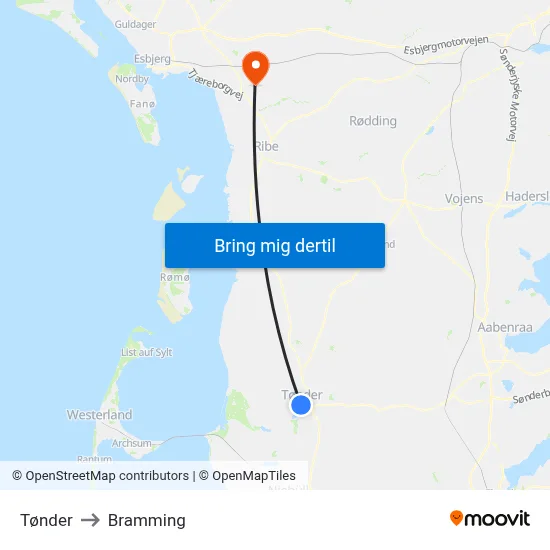 Tønder to Bramming map