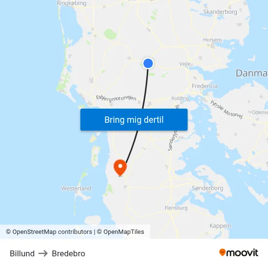 Billund to Bredebro map