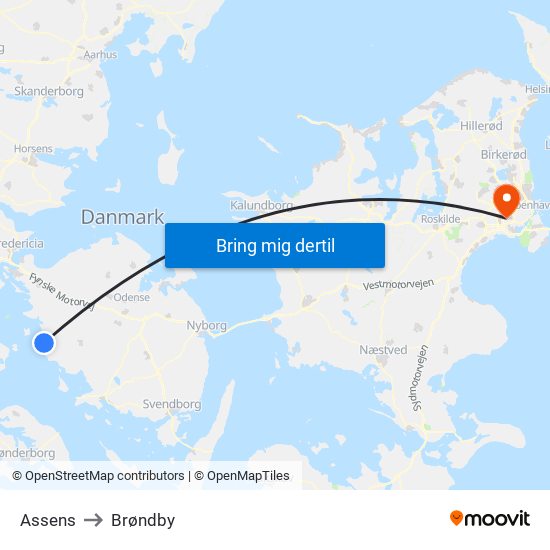 Assens to Brøndby map