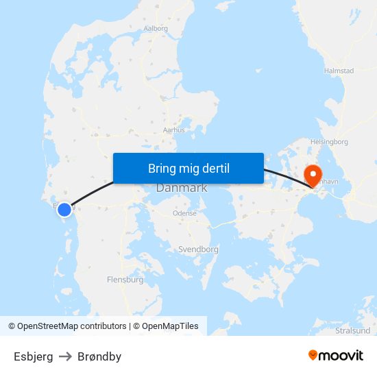 Esbjerg to Brøndby map