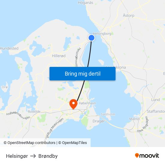 Helsingør to Brøndby map