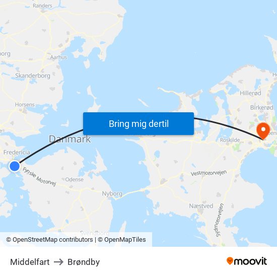 Middelfart to Brøndby map