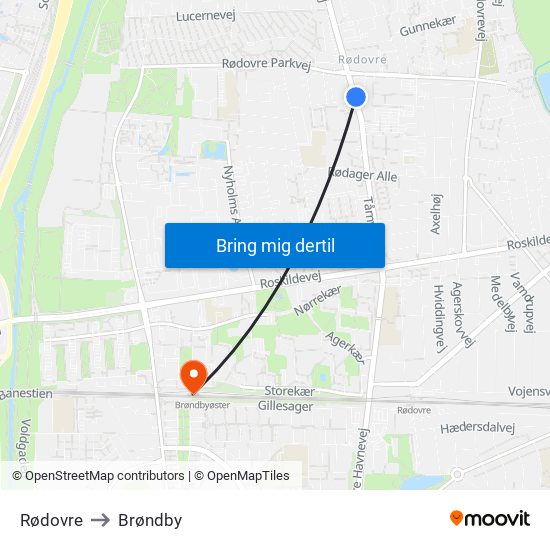 Rødovre to Brøndby map