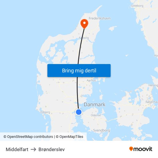 Middelfart to Brønderslev map