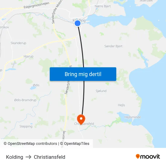 Kolding to Christiansfeld map