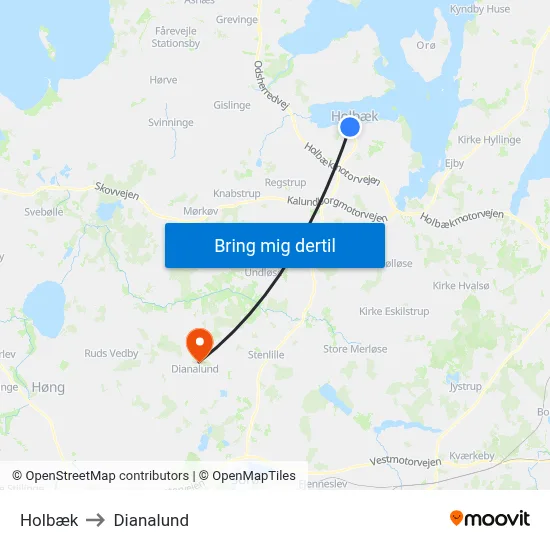 Holbæk to Dianalund map