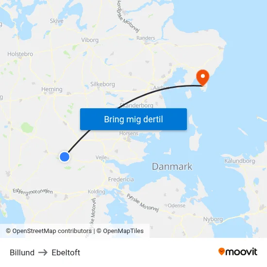 Billund to Ebeltoft map