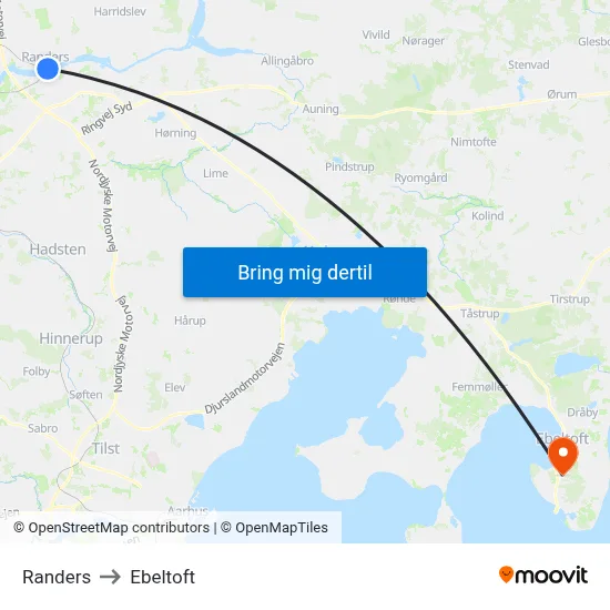 Randers to Ebeltoft map