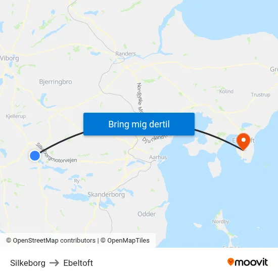 Silkeborg to Ebeltoft map