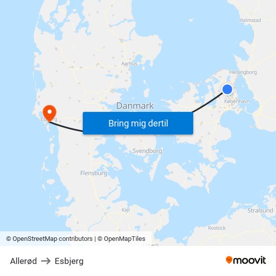 Allerød to Esbjerg map