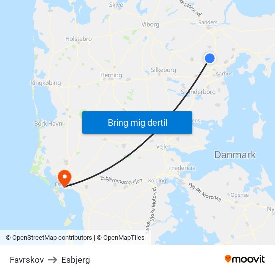 Favrskov to Esbjerg map