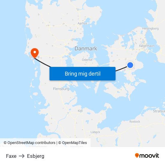 Faxe to Esbjerg map