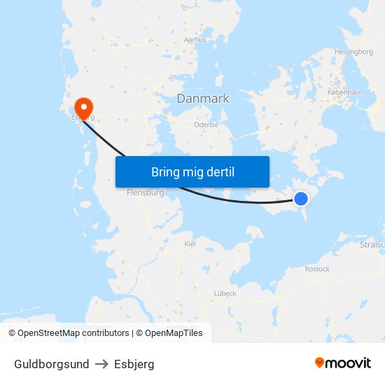 Guldborgsund to Esbjerg map
