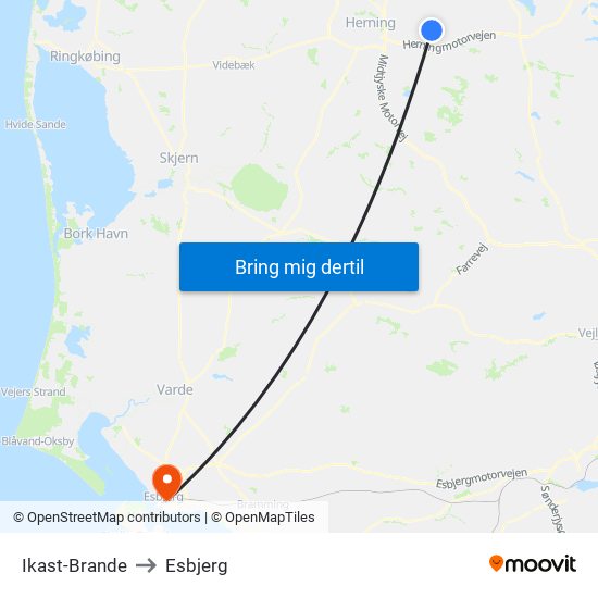 Ikast-Brande to Esbjerg map