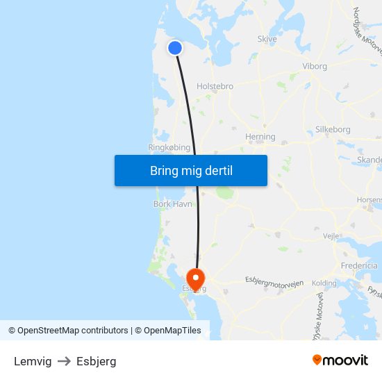 Lemvig to Esbjerg map