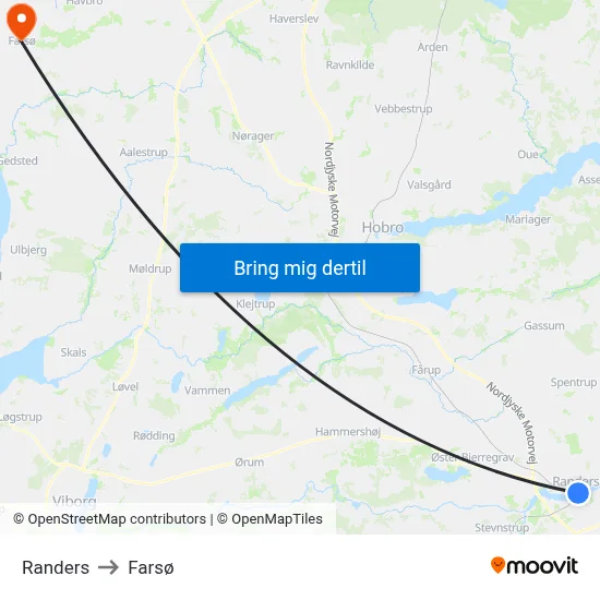 Randers to Farsø map