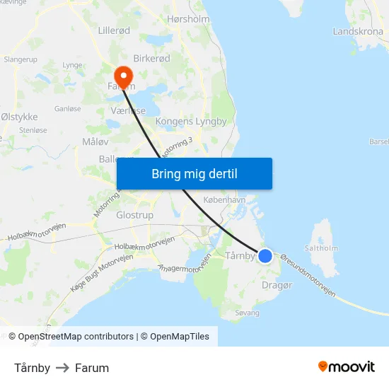 Tårnby to Farum map