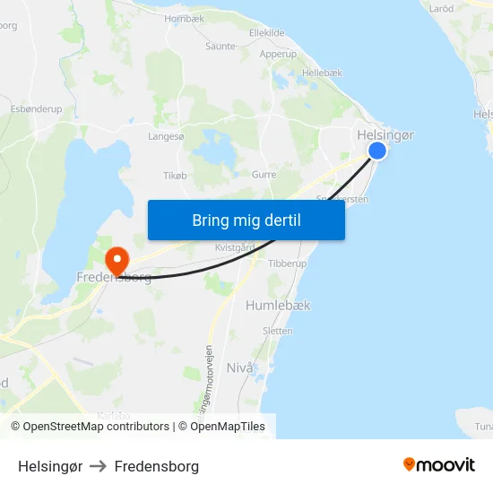 Helsingør to Fredensborg map