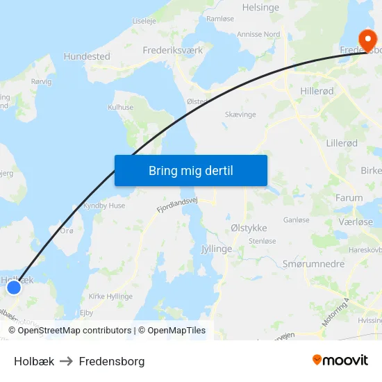 Holbæk to Fredensborg map