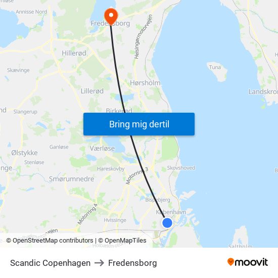 Scandic Copenhagen to Fredensborg map