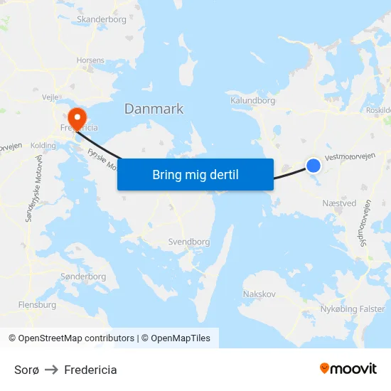 Sorø to Fredericia map