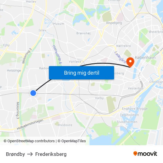 Brøndby to Frederiksberg map