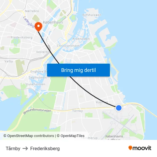 Tårnby to Frederiksberg map