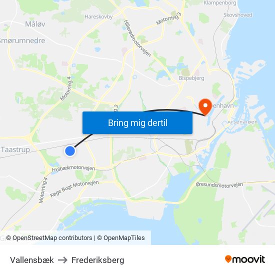 Vallensbæk to Frederiksberg map
