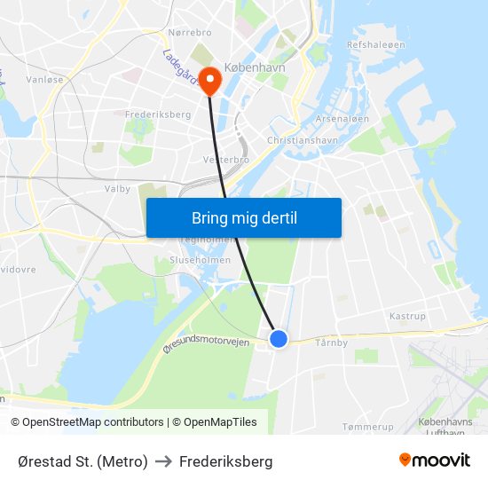 Ørestad St. (Metro) to Frederiksberg map