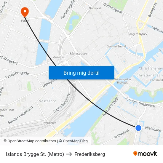 Islands Brygge St. (Metro) to Frederiksberg map