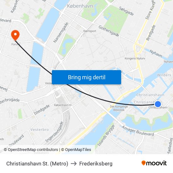 Christianshavn St. (Metro) to Frederiksberg map