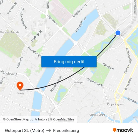 Østerport St. (Metro) to Frederiksberg map