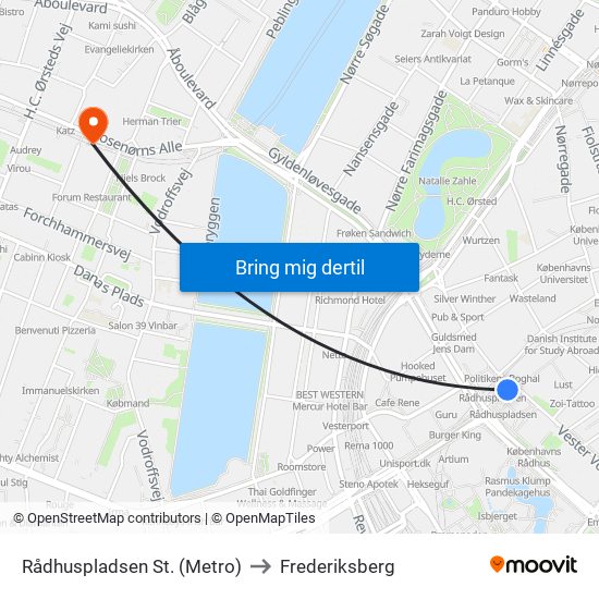 Rådhuspladsen St. (Metro) to Frederiksberg map