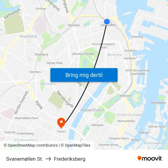 Svanemøllen St. to Frederiksberg map
