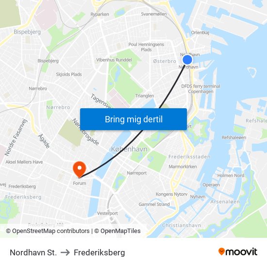 Nordhavn St. to Frederiksberg map