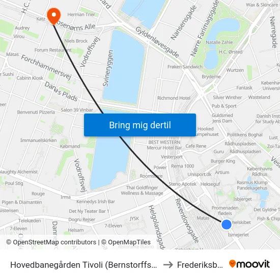Hovedbanegården Tivoli (Bernstorffsgade) to Frederiksberg map
