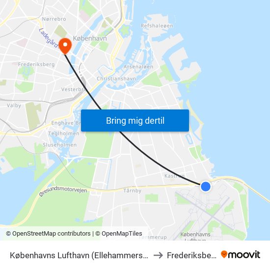 Københavns Lufthavn (Ellehammersvej) to Frederiksberg map