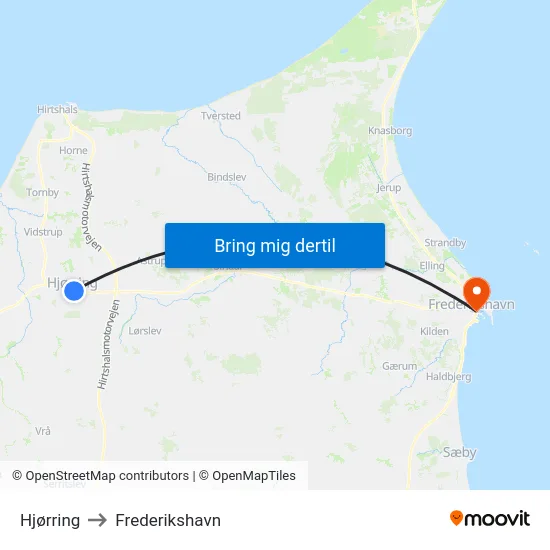 Hjørring to Frederikshavn map