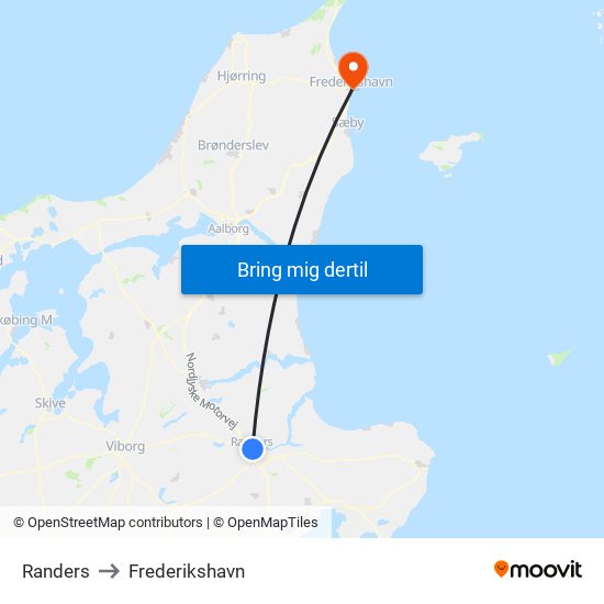 Randers to Frederikshavn map