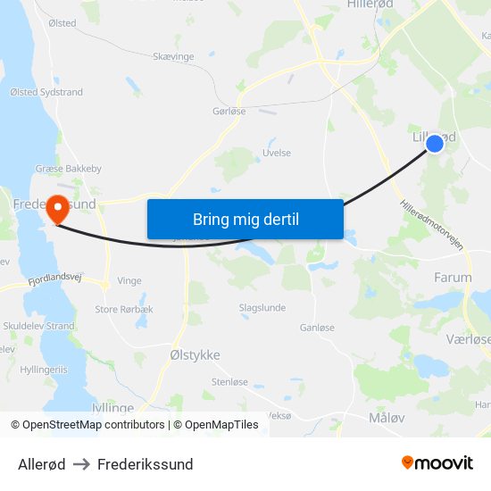 Allerød to Frederikssund map