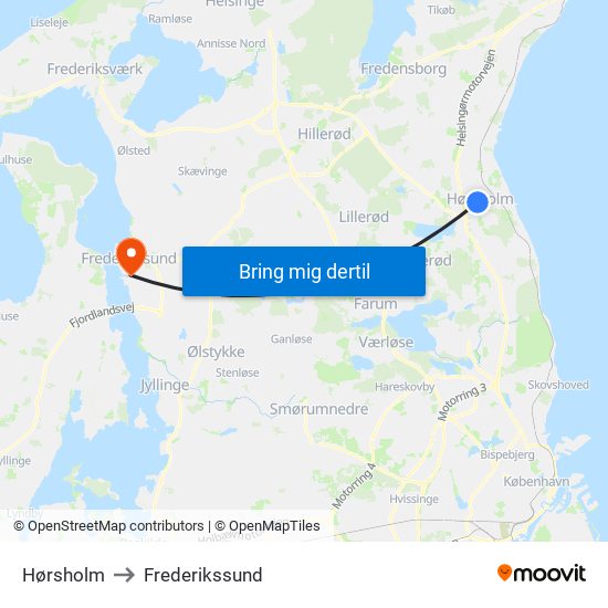 Hørsholm to Frederikssund map