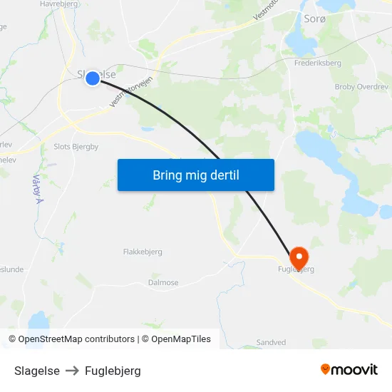 Slagelse to Fuglebjerg map