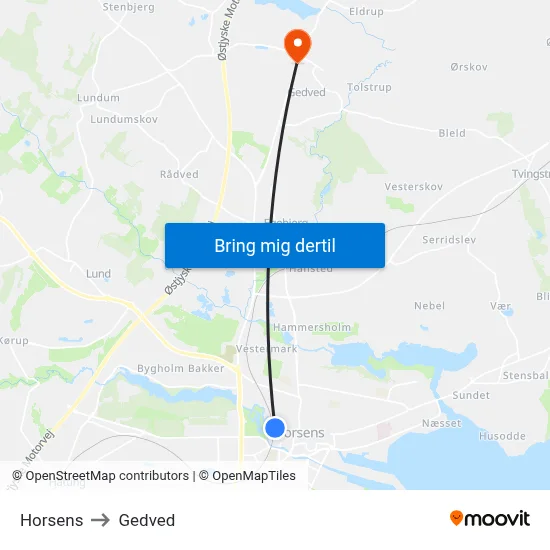 Horsens to Gedved map