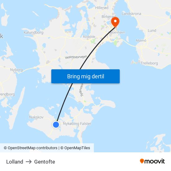 Lolland to Gentofte map