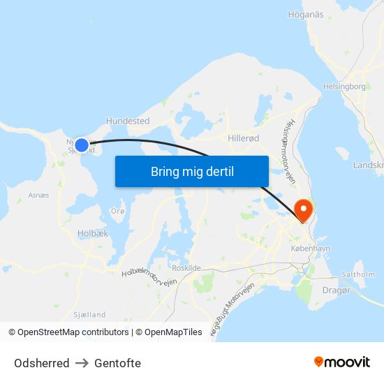 Odsherred to Gentofte map