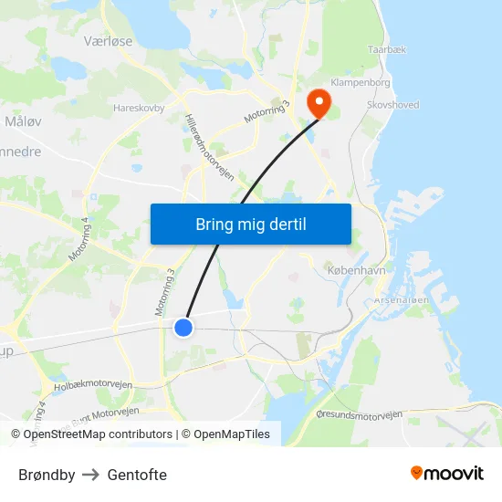 Brøndby to Gentofte map